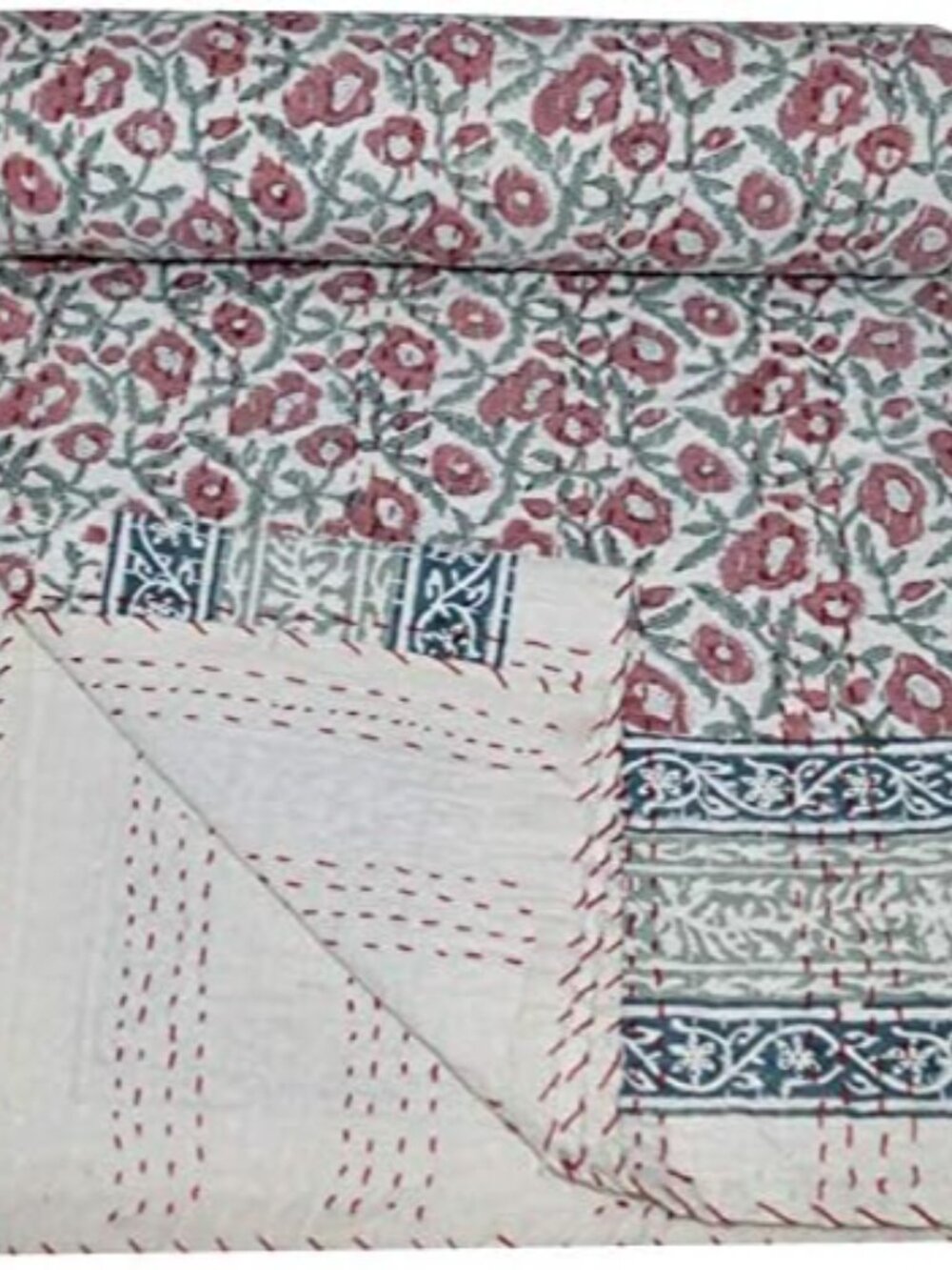 Indian Hand Block Floral Print Kantha Quilt Handmade Vintage Queen Size Cotton K